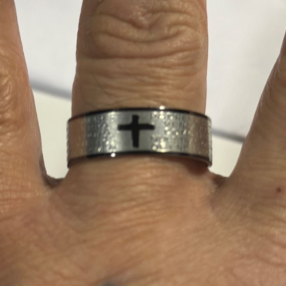 Silver and Black Textured Cross Band Ring